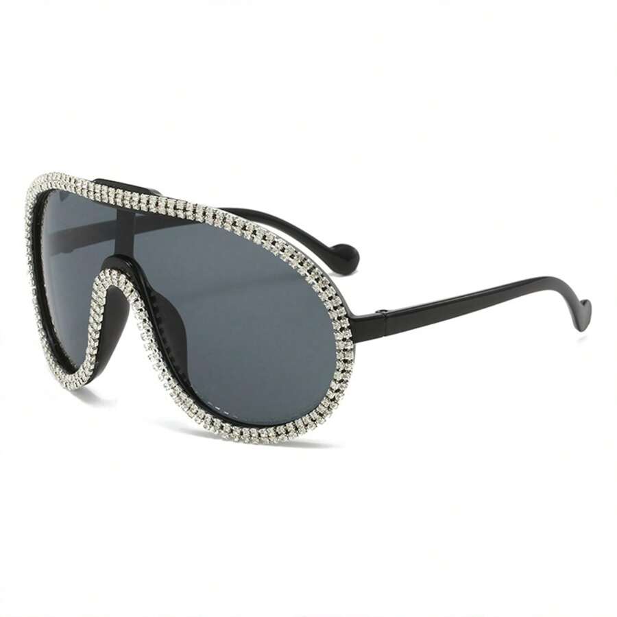 Rhinestone Aviator Sunglasses Oversized Curved UV Lenses, Glamorous Y2K Inspired Frame With Crystal Accents, Women's Luxury Fashion Glasses For Women's Festival-Ready Fits, Night Out, Celebrations, Live Music Looks And Lookbook Sessions - 黑色 - 查看 1