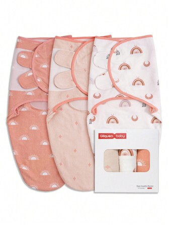 GLLQUEN BABY Pacote com 3 sacos de dormir orgânicos para recém-nascidos - Baby Swaddles de 0 a 3 meses, saco de dormir para bebês, cobertores com estampa de arco-íris e sol, cobertor para bebê (pequeno), certificado Oeko-Tex