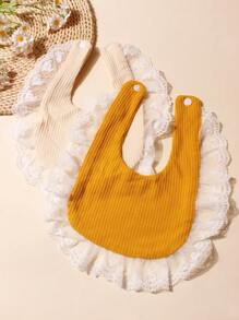 2pcs Soft And Stretchy Lace Ruffle Trim Baby Bib Set In Candy Colors, Suitable For Daily Use