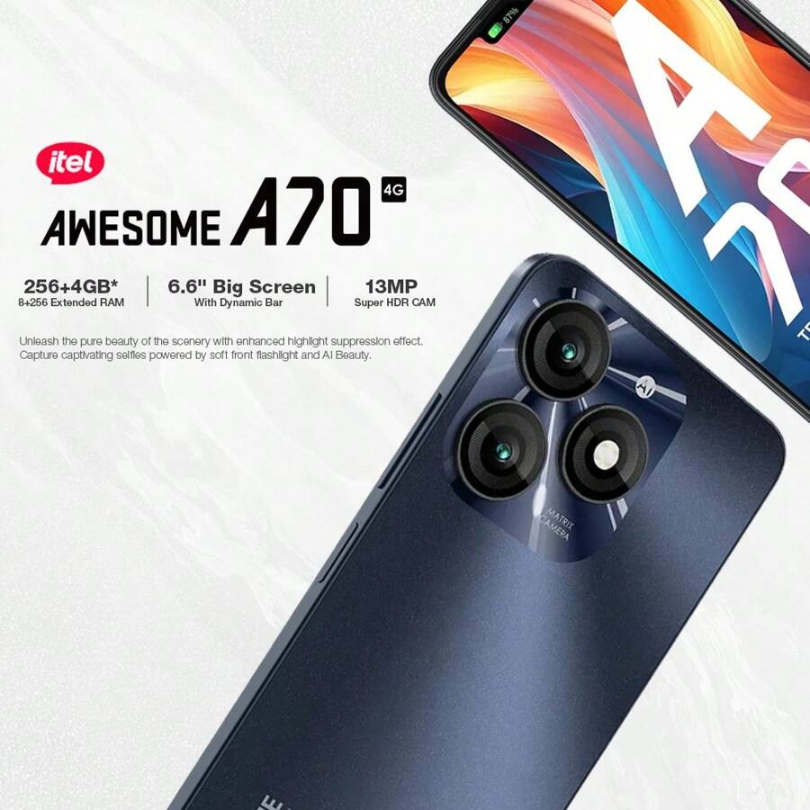 itel A70 Starlish Black 4GB+256GB Mobile Phone, 6.6" HD+ Ultra-Narrow Bottom Frame+Side Fingerprint+Flagship Composite Board Process Appearance, Super Power Saving, Beauty Camera, AI Photo Taking, Face Unlocking And Animation, Memory Fusion, Find My Phone, Ios Style UX, Water Drop Version Of Smart Island, Android 13, 5000mAh Long Battery Life+Type-C 10W Fast Charge - Black - View 1