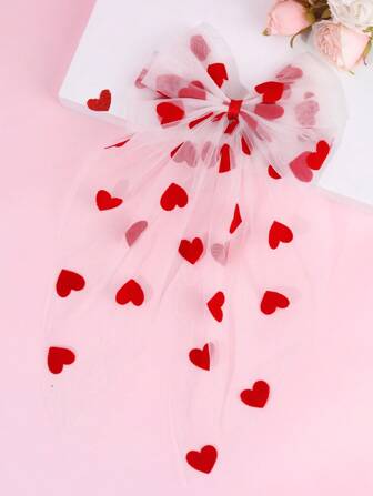 1 pieza Lazo de tubo de tul transparente con corazón de terciopelo impreso para niñas, con pinza de cocodrilo, lindo y dulce, gran cola, pasador de cabello, accesorio para el día de San Valentín, regalo para niñas