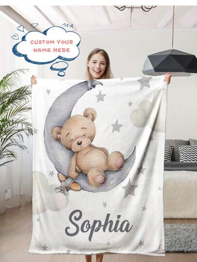 1pc Soft Flannel Personalized Teddy Bear & Moon Pattern Blanket, Customizable Name, Suitable For Bedroom, Living Room - Modern Style, Soft & Warm Flannel, Multipurpose, Can Be Used On Sofa, Bed, Travel, Camping, Office - Easy Care, Great For Napping, Camping And Travel, Washable, Cute Customized, Unique, Personalized, Ideal Gift For Family, Friends, Son, Daughter, Loved Ones, Suitable For Sofa, Bed, Car, Tea Room, Bedroom, Living Room,Sofa Bed