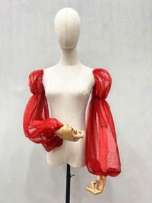 1 件白色网眼双层 2 节泡泡袖带弹性袖口，新娘长袖套秋季配饰 - 彩色 - 查看 9