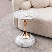 Mesa auxiliar redonda con diseño de cola de sirena, mesa de pedestal metálica moderna, mesa de acento minimalista para espacios pequeños, mesa decorativa para bebidas y martinis para la sala de estar - Grano de mármol blanco + metal + art déco - Ver 3