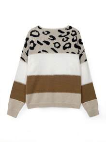 Women's Oversized Cute Colorblock Leopard Print Sweater, Casual Comfortable Ribbed Knit Crew Neck Long Sleeve Pullover Top - Multicolor - View 3