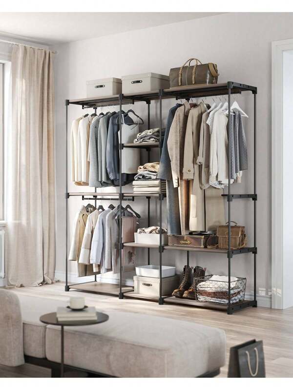 SONGMICS Armario, Perchero, Guardarropa, con Barras, Vestidor, Estantes de Tela, Marco de Metal, 182 x 43 x 182 cm, Topo