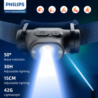 PHILIPS 1pc LED Rechargeable High Brightness Long-Range Head Mounted Headlights, Ultra-Lightweight Portable Sensor Headlamp, USB Rechargeable Headlamp, Super Bright Night Fishing And Mining Lights, Outdoor Sport, Camping And Fishing Lighting