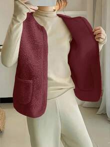 Chaleco/chaqueta ligera de mujer con cierre de cremallera, bolsillos y forro de sherpa de unicolor, para otoño/invierno - Burdeos - Ver 3
