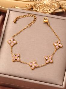 1 pieza Pulsera de acero inoxidable con flor de circonita, adecuada para uso diario de mujeres - transparente - Ver 13