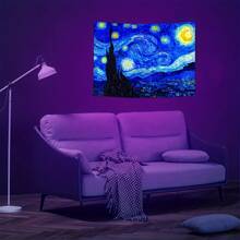 Starry Night Tapestry Vincent Van Gogh Tapestry UV Reactive Oil Painting Tapestry Abstract Stars Wall Art Tapestries Aesthetic Hippie Moon Tapestry Glow In The Dark Tapestry Wall - 藍色 - 查看 2