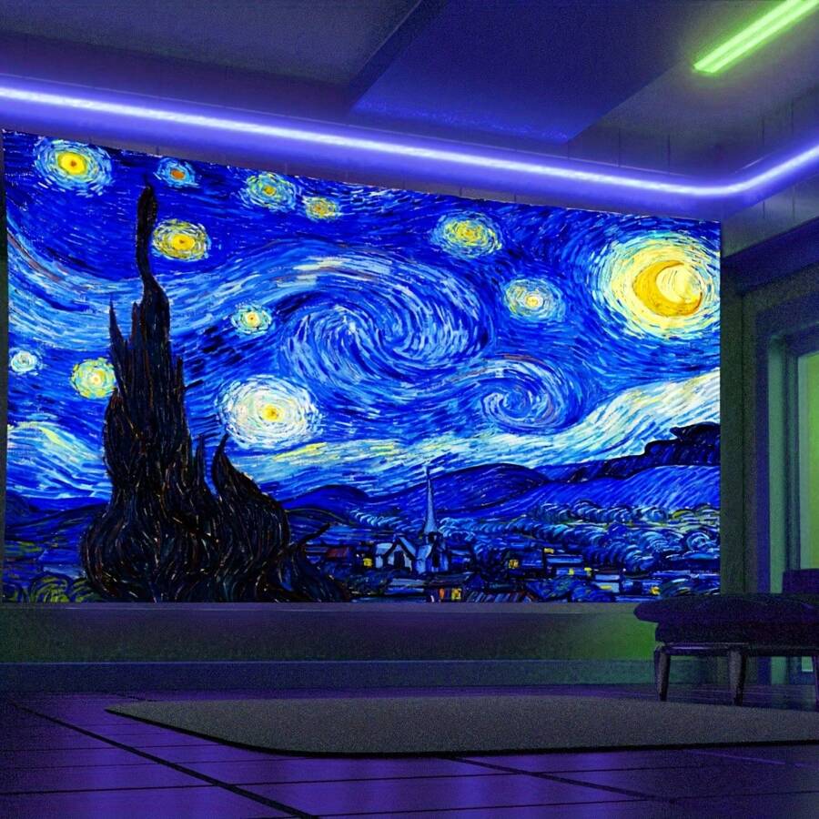 Starry Night Tapestry Vincent Van Gogh Tapestry UV Reactive Oil Painting Tapestry Abstract Stars Wall Art Tapestries Aesthetic Hippie Moon Tapestry Glow In The Dark Tapestry Wall - 藍色 - 查看 1