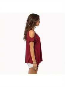 Women Summer Short Sleeve T-Shirt Hollow Out Off Shoulder V Neck Tops Solid Color Irregular Hem Loose Blouse - 紅色 - 查看 3