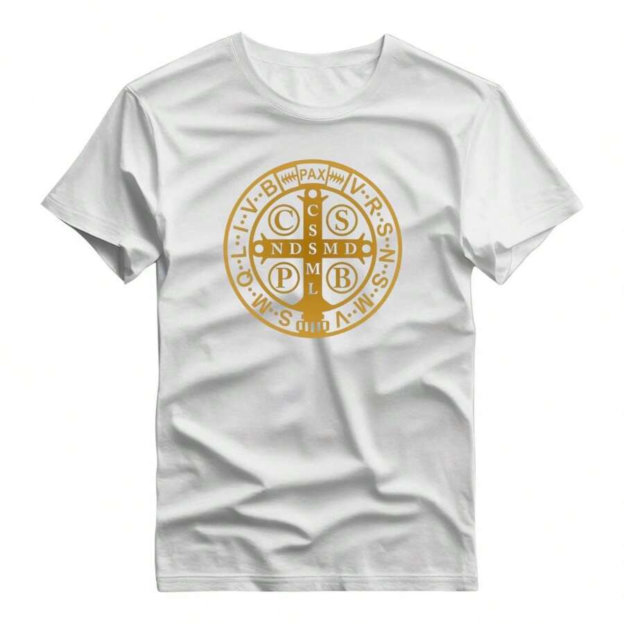 Basic Printed T-Shirt 100% Cotton Shirt With Saint Benedict Medal Print - 白色 - 查看 1