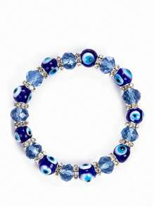 1pc 3 Styles Blue Evil Eye Beaded Stretch Bracelet For Women, Horseshoe Charms & Faceted Beads, Silver Tone Spacers, Boho Stackable Jewelry - Beads - View 13