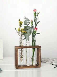 1 套木质框架透明玻璃花瓶水培植物容器玻璃容器盆景桌饰花盆桌面家居装饰透明试管花瓶 - 棕色 - 查看 10