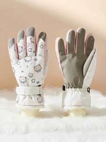 1 双儿童熊猫印花防水加厚保暖冬季手套，适合骑自行车、户外滑冰、雪地