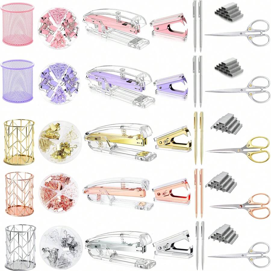 1 Set Office Desk Accessories: 1 Stapler, 1 Pen Holder, 2 Pens, 1 Scissor, 1 Stapler, 1 Binder Clip/Paperclip & 1000 Staples - Multicolor - View 1