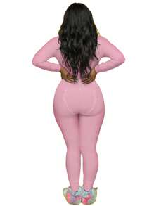 Women Christmas One Piece Pajamas Jumpsuit Bodycon Striped Xmas  Pjs Cute Printed Butt Flap Bodycon Bodysuit Romper Sleepwear - 粉色 - 查看 3