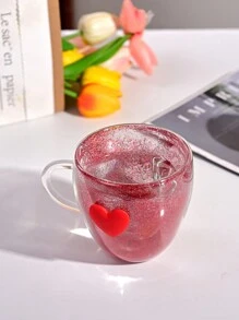 1pc Coral Glass Cup, Heart Shaped Borosilicate Glass Cup, Simple Household Juice Milk Cup With 3D Design Back To School
