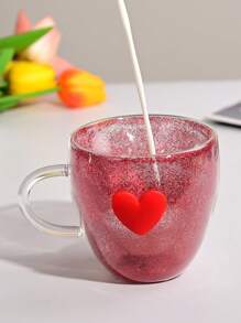 1pc Coral Glass Cup, Heart Shaped Borosilicate Glass Cup, Simple Household Juice Milk Cup With 3D Design Back To School