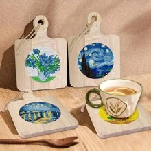 4 件/套人造钻石画杯垫，DIY 水晶超闪亮钻石画木制杯垫，带木柄，花卉和卡通图案，适用于成人办公室、咖啡垫、家用杯垫、手工艺礼物、圣诞节节日礼物 - 彩色 - 查看 4