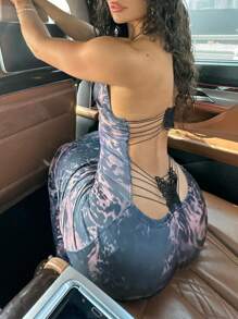 女士夏季吊带V领露背蝴蝶结连衣裙 黑色 度假派对 优雅 - 黑色 - 查看 5