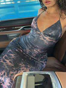 女士夏季吊带V领露背蝴蝶结连衣裙 黑色 度假派对 优雅 - 黑色 - 查看 6