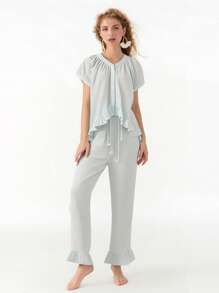 Women's 2 Piece Pajama Set Short Sleeve Button Up Plaid Tops Drawstring Pants Sleepwear Sets - Baby Blue - View 3