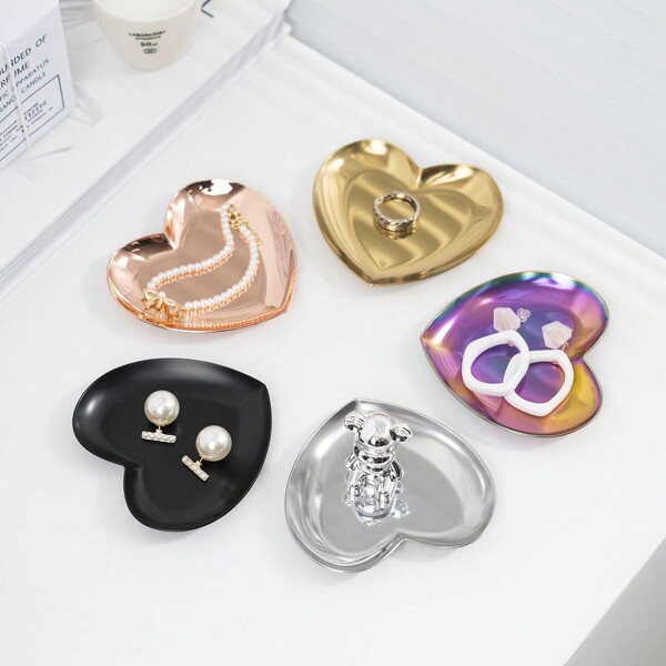 1pc Heart-Shaped Metal Tray Desk Clutter Organizer, Jewelry Storage Tray, Bedroom Vanity Tray, Bathroom Countertop Organizer, Living Room Entryway Key Holder Tray, Fragrance & Lipstick Display Tray Gifts For Women Back To School