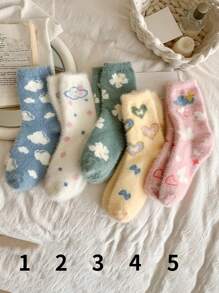 1/3 pares entrega aleatoria, Calcetines de cachemira con diseño lindo de nubes y corazones para mujer, hasta la pantorrilla