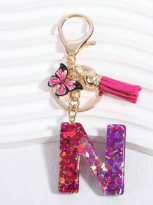 1pc Women's Fashion Popular Glitter Crystal Resin English Alphabet Tassel Butterfly Keychain Valentine's Day Valentines Gift Souvenir Car Accessories Bag Charm Backpack For School Letter Cute Goth Y2k - Multicolor - View 7