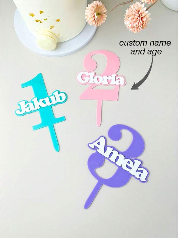 حامل كعكة عيد الميلاد الشخصي المكتوب عليه "عيد ميلاد سعيد" من الاكريليك مع العمر والاسم رقم مخصص من الخشب الخشن