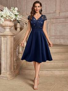 MIUSOL Đầm cocktail tay ngắn cổ chữ V đính sequin và ren hoa, thích hợp làm đầm dự tiệc cưới, đầm dạ hội mùa xuân thanh lịch. - Màu xanh hải quân - Xem 11