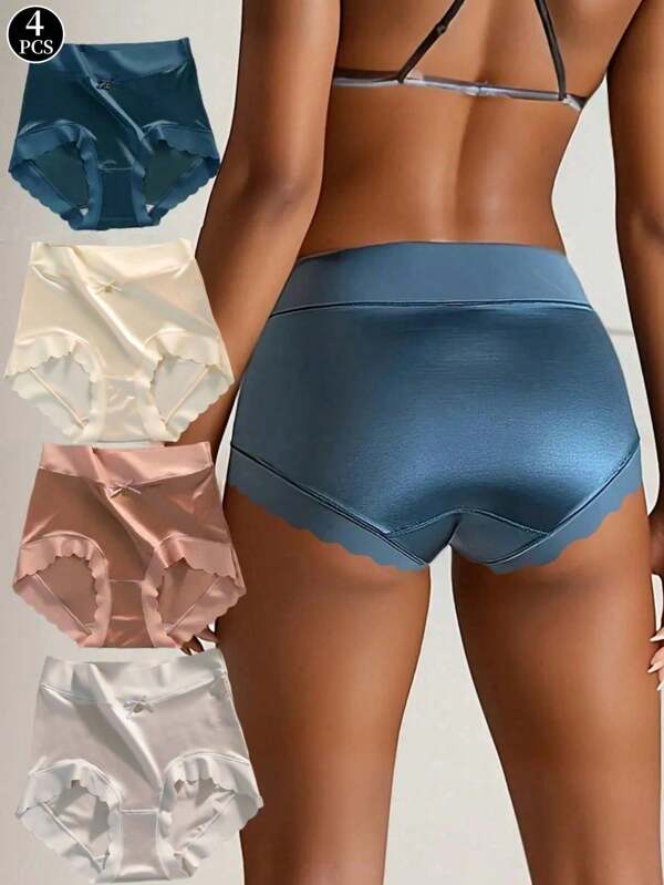 4 pièces/paquet de culottes de luxe en satin pour femmes, sans couture, taille moyenne, peau amicale, entrejambe sexy, doux et soyeux, haute élasticité