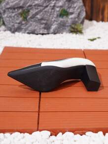 Women's Fashion Pointed Toe High Heels, Elegant Contrast Color Block Design, Comfortable Thick Heel, Suitable For Autumn/Winter, Plus Size - Black and White - View 3