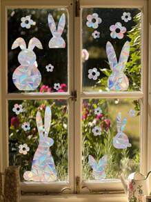 Cloud Hummingbird Flowers Rabbits Window Clings - Anti-Collision Window Decals To Save Birds From Window Collisions,Non Adhesive Prismatic Vinyl Window Clings, Rainbow Stickers - Multicolor - View 13