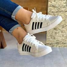 Women's Casual Low Top Sneakers White Black Nude Striped Gym Walking Shoes New Arrival - 黑與白 - 查看 3