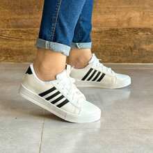 Women's Casual Low Top Sneakers White Black Nude Striped Gym Walking Shoes New Arrival - 黑與白 - 查看 2