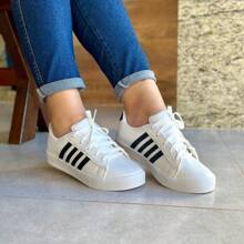 Women's Casual Low Top Sneakers White Black Nude Striped Gym Walking Shoes New Arrival - 黑與白 - 查看 6