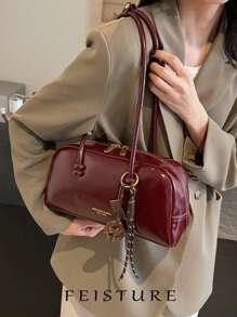1 pieza Bolsa de bolos de mujer de piel artificial de color burdeos FEISTURE, bolso de hombro y axila de moda