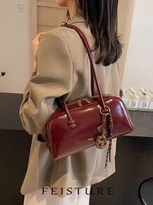 1 pieza Bolsa de bolos de mujer de piel artificial de color burdeos FEISTURE, bolso de hombro y axila de moda