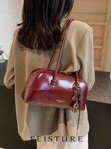 1 pieza Bolsa de bolos de mujer de piel artificial de color burdeos FEISTURE, bolso de hombro y axila de moda