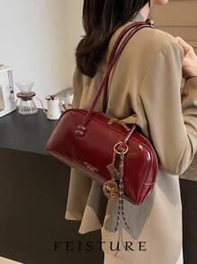 1 pieza Bolsa de bolos de mujer de piel artificial de color burdeos FEISTURE, bolso de hombro y axila de moda