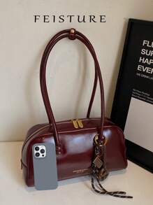 1 pieza Bolsa de bolos de mujer de piel artificial de color burdeos FEISTURE, bolso de hombro y axila de moda
