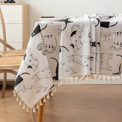 1 件方形流苏桌布，数码印花卡通“毛线”和“猫”图案，可爱简约韩式厨房/餐桌罩，茶几/电视柜防尘罩，适合日常家居装饰、派对装饰、节日装饰