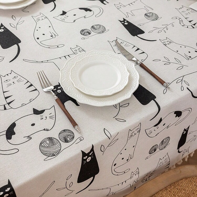 1 件方形流苏桌布，数码印花卡通“毛线”和“猫”图案，可爱简约韩式厨房/餐桌罩，茶几/电视柜防尘罩，适合日常家居装饰、派对装饰、节日装饰 - 黑與白 - 查看 7