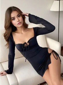 女士镂空侧开衩下摆性感系带长袖连衣裙