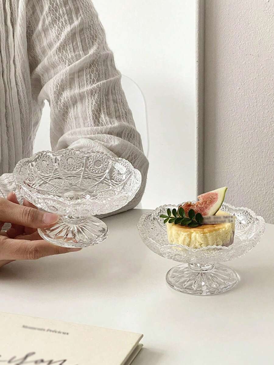 1pc Vintage High-End Embossed Floral Glass Fruit Bowl, Creative Small Exquisite Dessert, Snack, Candy Serving Tray, Cake Plate