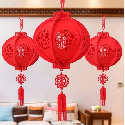 1个中国新年灯笼，红色中国灯笼，新年庆祝，饰有小灯笼，春节红灯笼，新年装饰，带吉祥吊坠