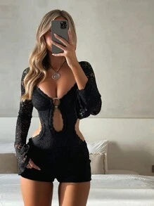 European And American Style Sexy Slim Fit Lace Long-Sleeved Jumpsuit - màu đen - Xem 2